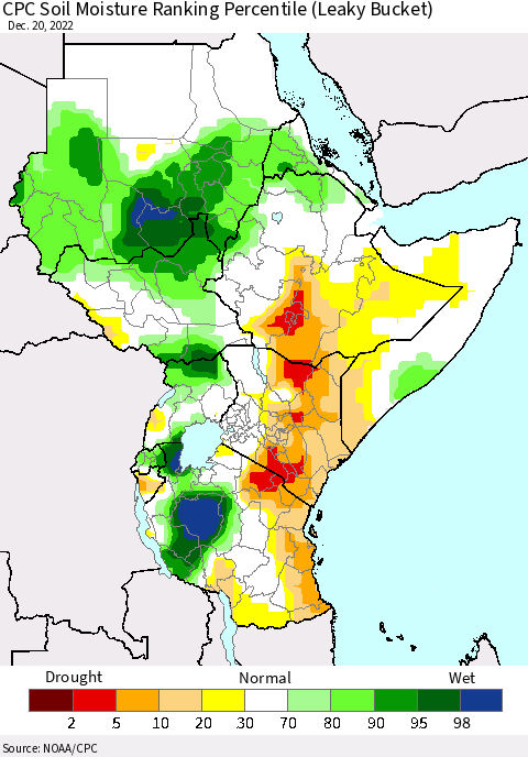 Eastern Africa CPC Soil Moisture Ranking Percentile (Leaky Bucket) Thematic Map For 12/16/2022 - 12/20/2022