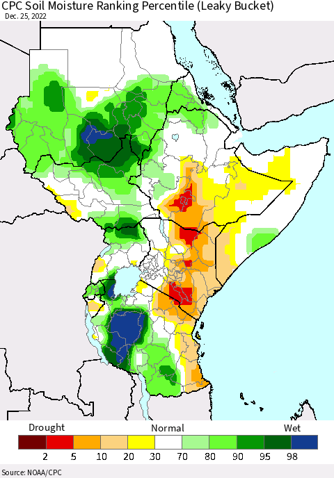 Eastern Africa CPC Soil Moisture Ranking Percentile (Leaky Bucket) Thematic Map For 12/21/2022 - 12/25/2022
