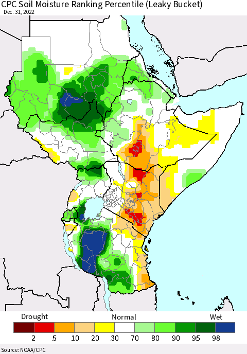 Eastern Africa CPC Soil Moisture Ranking Percentile (Leaky Bucket) Thematic Map For 12/26/2022 - 12/31/2022