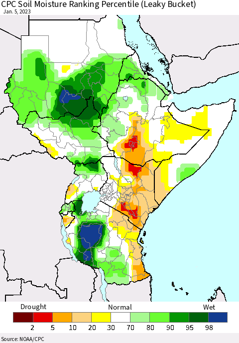 Eastern Africa CPC Soil Moisture Ranking Percentile (Leaky Bucket) Thematic Map For 1/1/2023 - 1/5/2023
