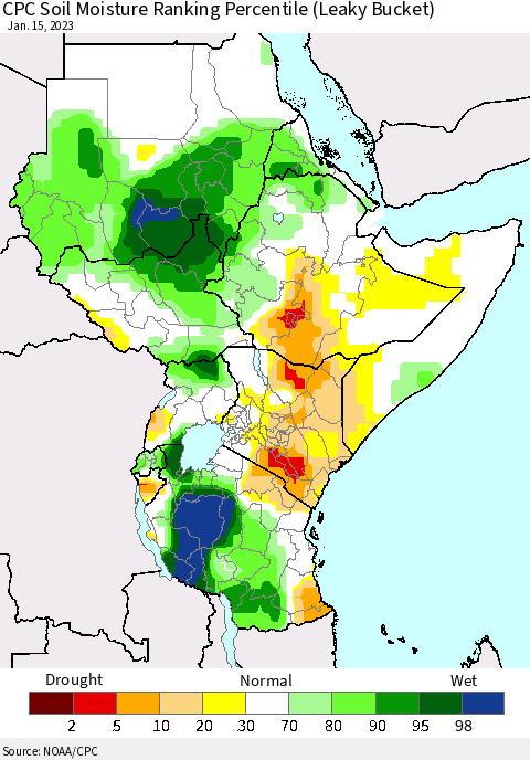 Eastern Africa CPC Soil Moisture Ranking Percentile (Leaky Bucket) Thematic Map For 1/11/2023 - 1/15/2023