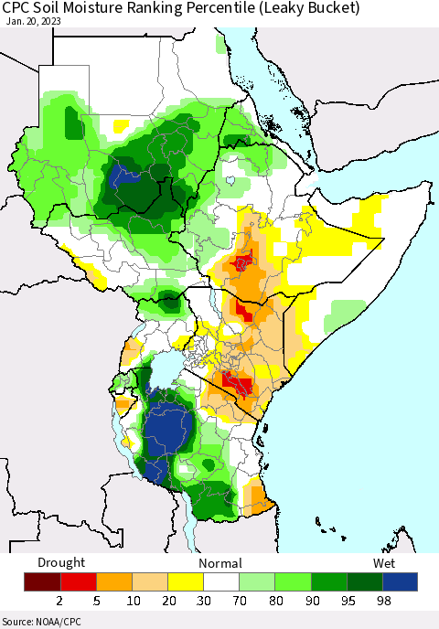 Eastern Africa CPC Soil Moisture Ranking Percentile (Leaky Bucket) Thematic Map For 1/16/2023 - 1/20/2023
