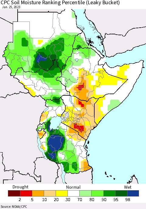 Eastern Africa CPC Soil Moisture Ranking Percentile (Leaky Bucket) Thematic Map For 1/21/2023 - 1/25/2023