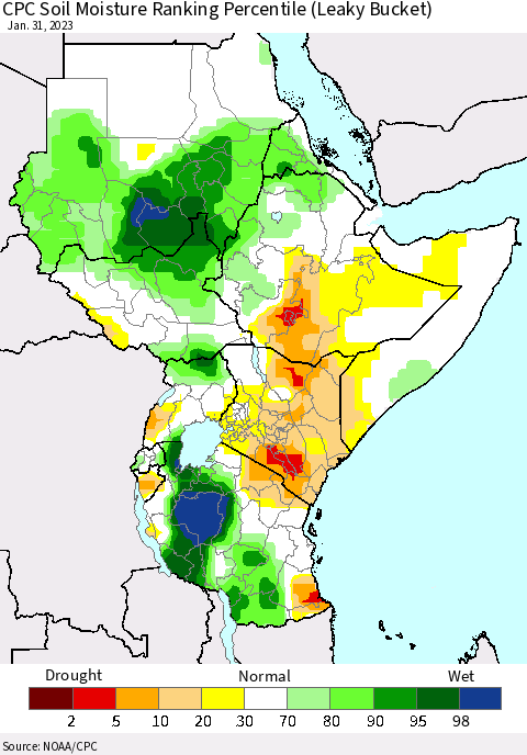 Eastern Africa CPC Soil Moisture Ranking Percentile (Leaky Bucket) Thematic Map For 1/26/2023 - 1/31/2023