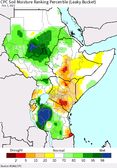 Eastern Africa CPC Soil Moisture Ranking Percentile (Leaky Bucket) Thematic Map For 2/1/2023 - 2/5/2023