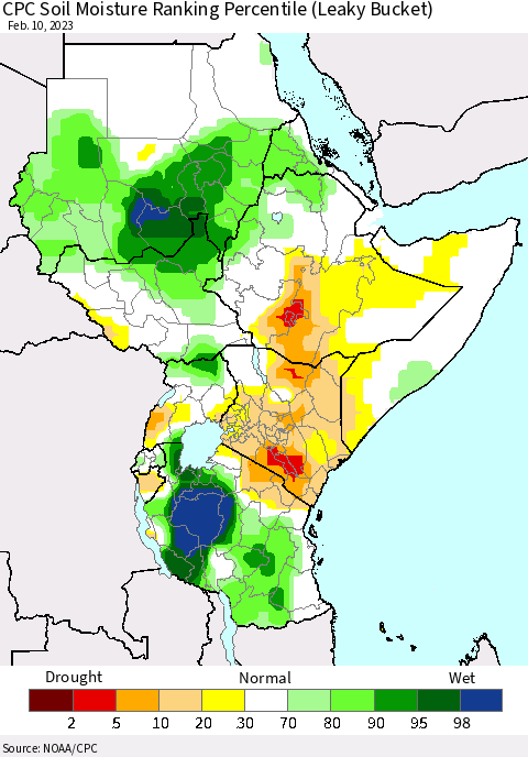 Eastern Africa CPC Soil Moisture Ranking Percentile (Leaky Bucket) Thematic Map For 2/6/2023 - 2/10/2023