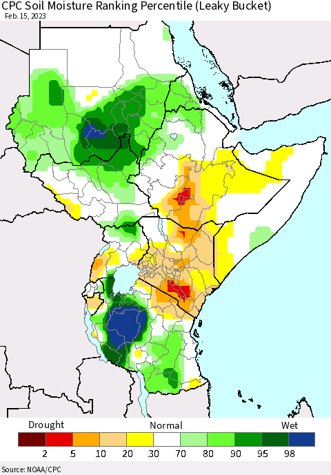 Eastern Africa CPC Soil Moisture Ranking Percentile (Leaky Bucket) Thematic Map For 2/11/2023 - 2/15/2023