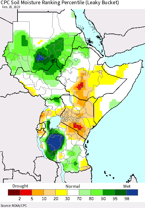 Eastern Africa CPC Soil Moisture Ranking Percentile (Leaky Bucket) Thematic Map For 2/16/2023 - 2/20/2023