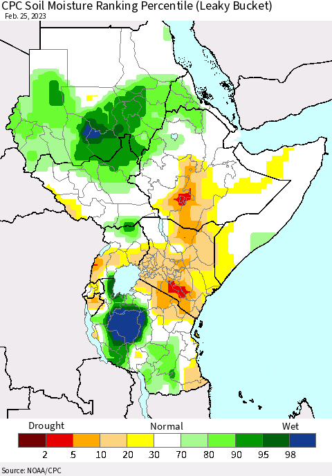 Eastern Africa CPC Soil Moisture Ranking Percentile (Leaky Bucket) Thematic Map For 2/21/2023 - 2/25/2023