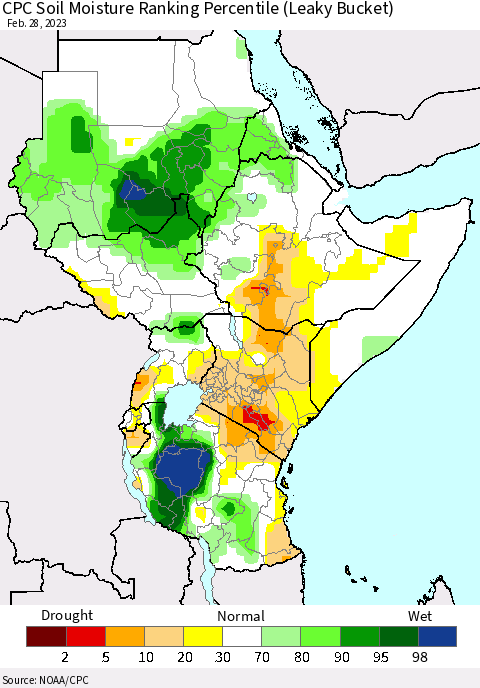 Eastern Africa CPC Soil Moisture Ranking Percentile (Leaky Bucket) Thematic Map For 2/26/2023 - 2/28/2023