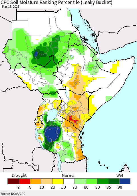 Eastern Africa CPC Soil Moisture Ranking Percentile (Leaky Bucket) Thematic Map For 3/11/2023 - 3/15/2023