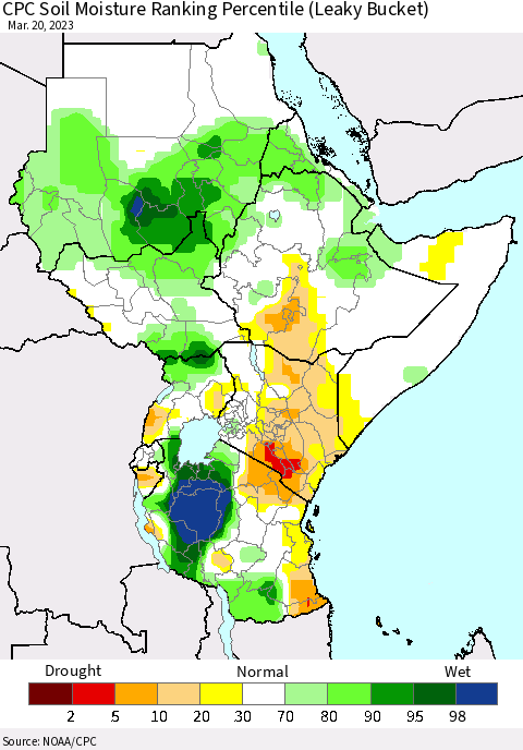 Eastern Africa CPC Soil Moisture Ranking Percentile (Leaky Bucket) Thematic Map For 3/16/2023 - 3/20/2023