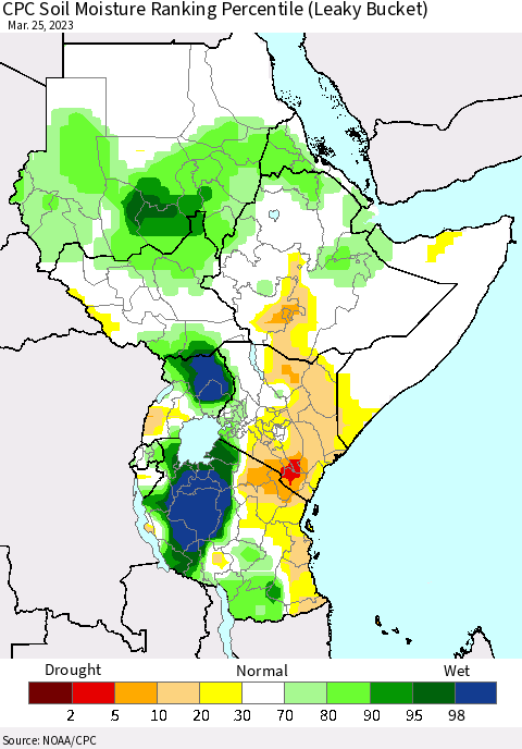 Eastern Africa CPC Soil Moisture Ranking Percentile (Leaky Bucket) Thematic Map For 3/21/2023 - 3/25/2023