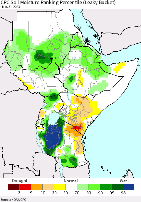 Eastern Africa CPC Soil Moisture Ranking Percentile (Leaky Bucket) Thematic Map For 3/26/2023 - 3/31/2023