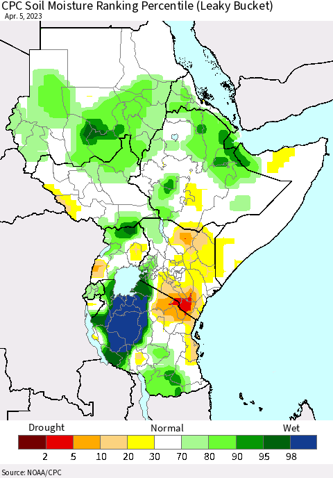 Eastern Africa CPC Soil Moisture Ranking Percentile (Leaky Bucket) Thematic Map For 4/1/2023 - 4/5/2023