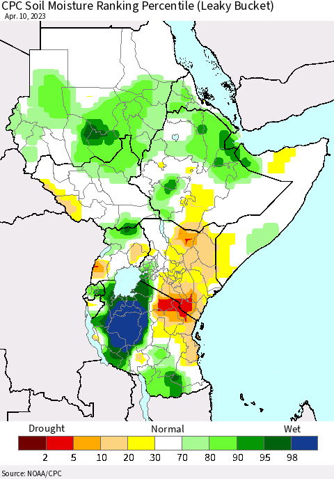 Eastern Africa CPC Soil Moisture Ranking Percentile (Leaky Bucket) Thematic Map For 4/6/2023 - 4/10/2023