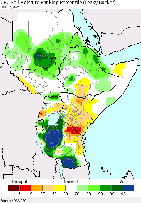 Eastern Africa CPC Soil Moisture Ranking Percentile (Leaky Bucket) Thematic Map For 4/11/2023 - 4/15/2023