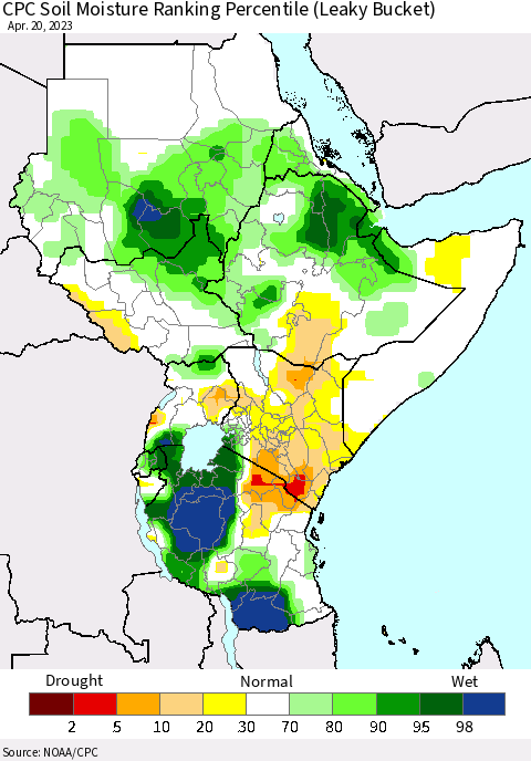 Eastern Africa CPC Soil Moisture Ranking Percentile (Leaky Bucket) Thematic Map For 4/16/2023 - 4/20/2023