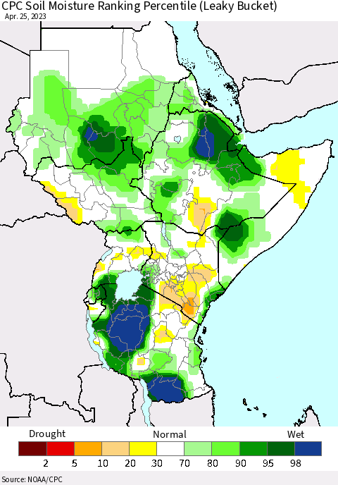 Eastern Africa CPC Soil Moisture Ranking Percentile (Leaky Bucket) Thematic Map For 4/21/2023 - 4/25/2023