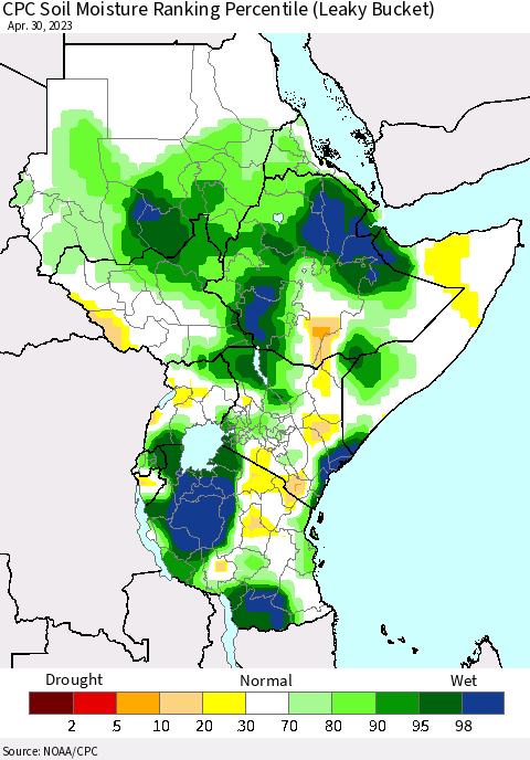 Eastern Africa CPC Soil Moisture Ranking Percentile (Leaky Bucket) Thematic Map For 4/26/2023 - 4/30/2023