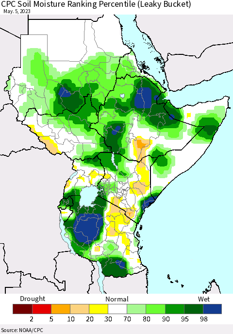 Eastern Africa CPC Soil Moisture Ranking Percentile (Leaky Bucket) Thematic Map For 5/1/2023 - 5/5/2023