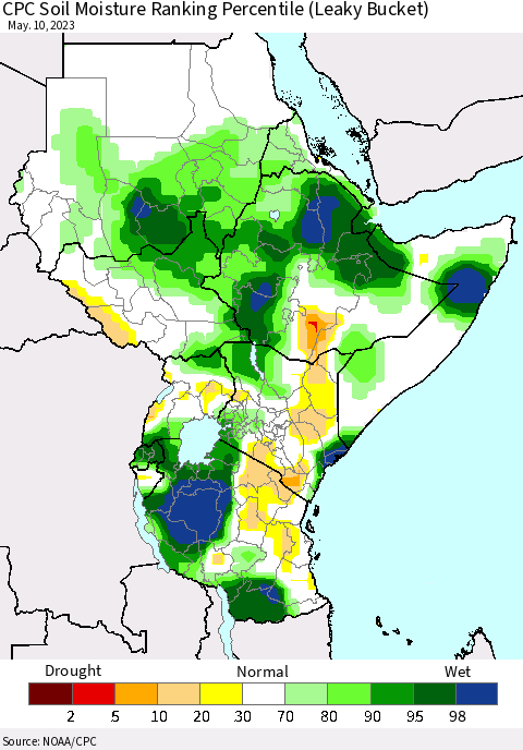 Eastern Africa CPC Soil Moisture Ranking Percentile (Leaky Bucket) Thematic Map For 5/6/2023 - 5/10/2023