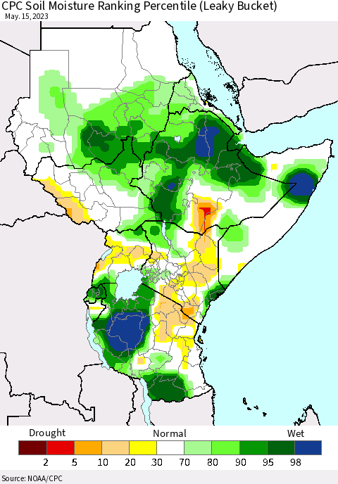 Eastern Africa CPC Soil Moisture Ranking Percentile (Leaky Bucket) Thematic Map For 5/11/2023 - 5/15/2023