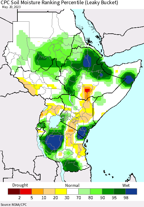 Eastern Africa CPC Soil Moisture Ranking Percentile (Leaky Bucket) Thematic Map For 5/16/2023 - 5/20/2023
