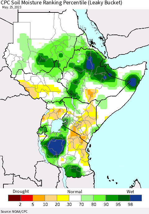 Eastern Africa CPC Soil Moisture Ranking Percentile (Leaky Bucket) Thematic Map For 5/21/2023 - 5/25/2023
