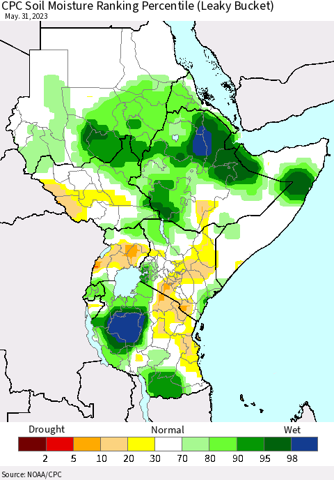 Eastern Africa CPC Soil Moisture Ranking Percentile (Leaky Bucket) Thematic Map For 5/26/2023 - 5/31/2023