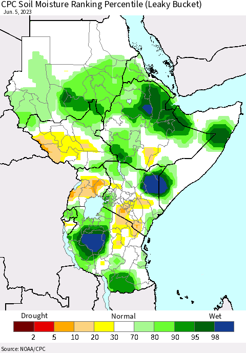 Eastern Africa CPC Soil Moisture Ranking Percentile (Leaky Bucket) Thematic Map For 6/1/2023 - 6/5/2023
