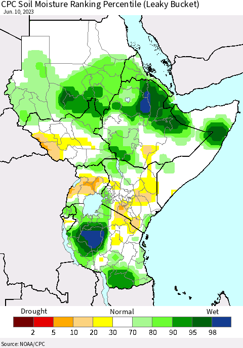 Eastern Africa CPC Soil Moisture Ranking Percentile (Leaky Bucket) Thematic Map For 6/6/2023 - 6/10/2023