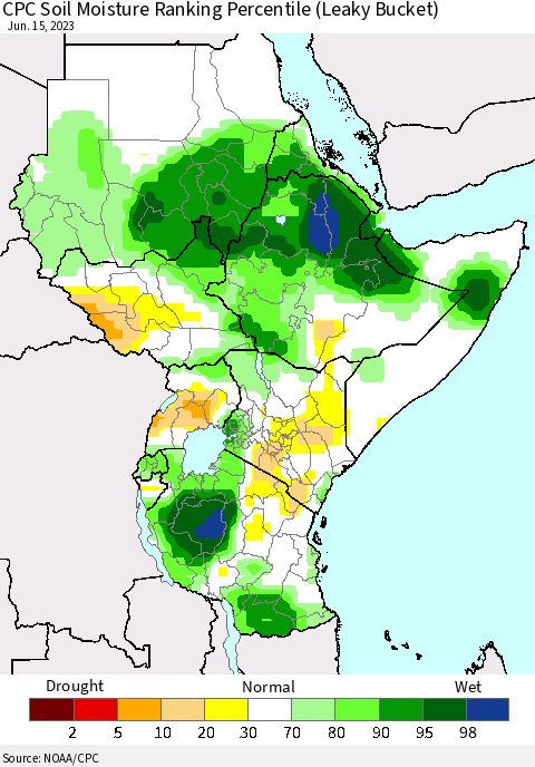 Eastern Africa CPC Soil Moisture Ranking Percentile (Leaky Bucket) Thematic Map For 6/11/2023 - 6/15/2023