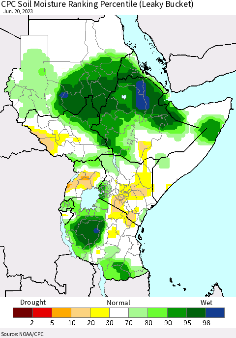 Eastern Africa CPC Soil Moisture Ranking Percentile (Leaky Bucket) Thematic Map For 6/16/2023 - 6/20/2023