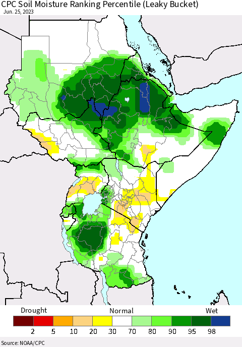 Eastern Africa CPC Soil Moisture Ranking Percentile (Leaky Bucket) Thematic Map For 6/21/2023 - 6/25/2023