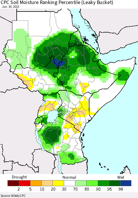 Eastern Africa CPC Soil Moisture Ranking Percentile (Leaky Bucket) Thematic Map For 6/26/2023 - 6/30/2023