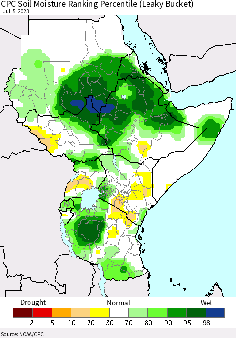 Eastern Africa CPC Soil Moisture Ranking Percentile (Leaky Bucket) Thematic Map For 7/1/2023 - 7/5/2023
