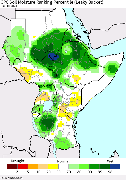 Eastern Africa CPC Soil Moisture Ranking Percentile (Leaky Bucket) Thematic Map For 7/6/2023 - 7/10/2023