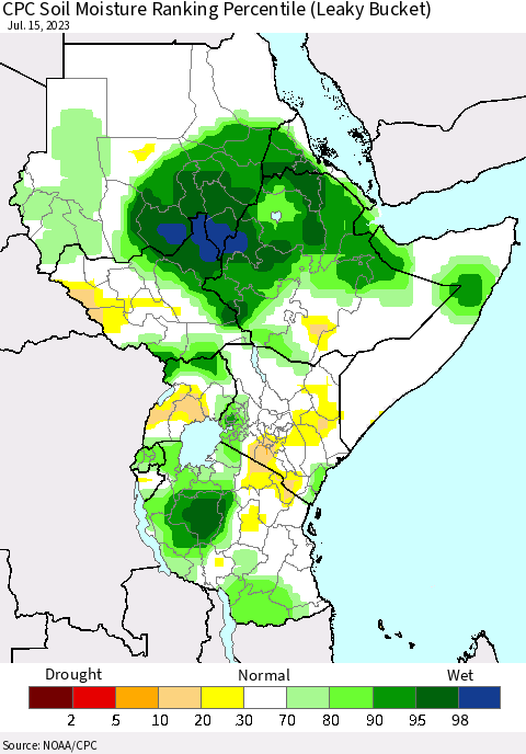 Eastern Africa CPC Soil Moisture Ranking Percentile (Leaky Bucket) Thematic Map For 7/11/2023 - 7/15/2023