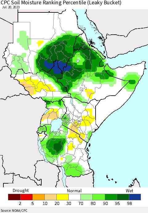Eastern Africa CPC Soil Moisture Ranking Percentile (Leaky Bucket) Thematic Map For 7/16/2023 - 7/20/2023