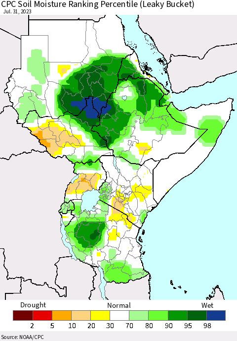 Eastern Africa CPC Soil Moisture Ranking Percentile (Leaky Bucket) Thematic Map For 7/26/2023 - 7/31/2023
