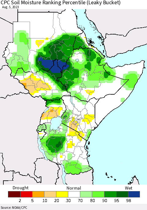 Eastern Africa CPC Soil Moisture Ranking Percentile (Leaky Bucket) Thematic Map For 8/1/2023 - 8/5/2023