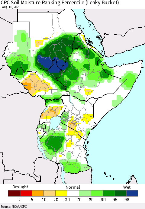 Eastern Africa CPC Soil Moisture Ranking Percentile (Leaky Bucket) Thematic Map For 8/6/2023 - 8/10/2023