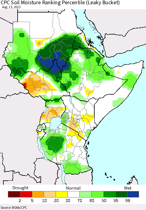 Eastern Africa CPC Soil Moisture Ranking Percentile (Leaky Bucket) Thematic Map For 8/11/2023 - 8/15/2023