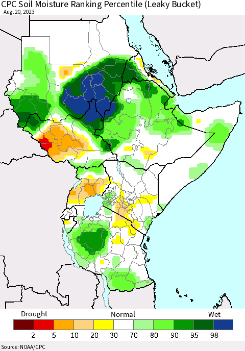 Eastern Africa CPC Soil Moisture Ranking Percentile (Leaky Bucket) Thematic Map For 8/16/2023 - 8/20/2023