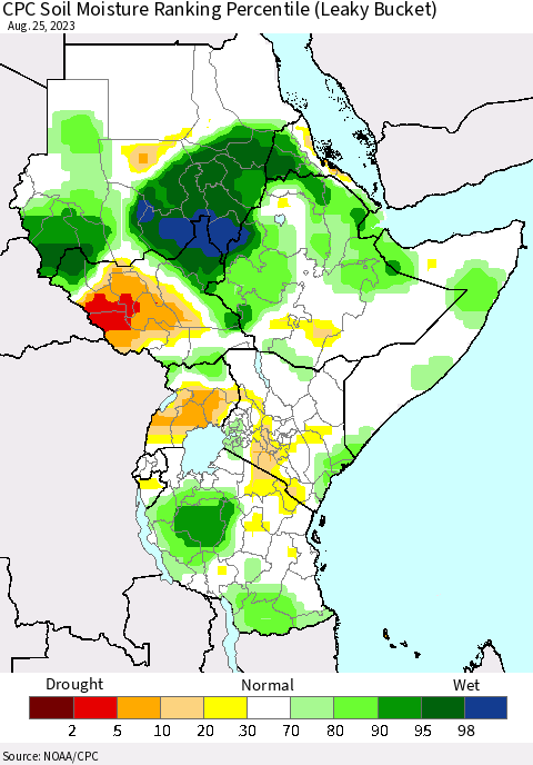 Eastern Africa CPC Soil Moisture Ranking Percentile (Leaky Bucket) Thematic Map For 8/21/2023 - 8/25/2023