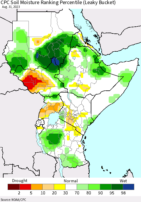 Eastern Africa CPC Soil Moisture Ranking Percentile (Leaky Bucket) Thematic Map For 8/26/2023 - 8/31/2023