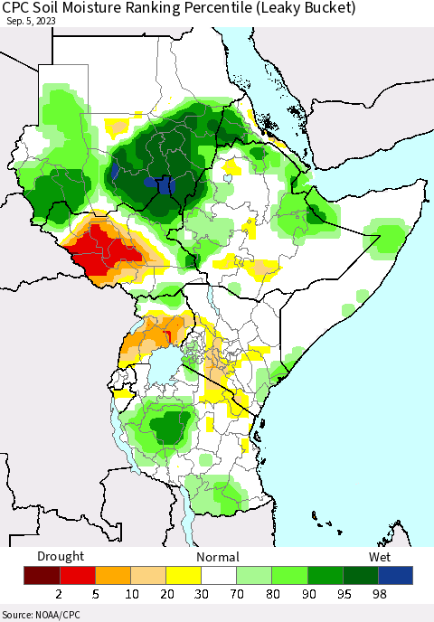 Eastern Africa CPC Soil Moisture Ranking Percentile (Leaky Bucket) Thematic Map For 9/1/2023 - 9/5/2023