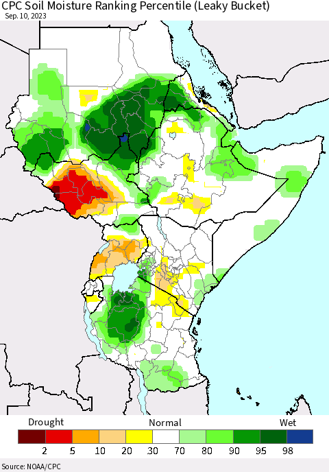 Eastern Africa CPC Soil Moisture Ranking Percentile (Leaky Bucket) Thematic Map For 9/6/2023 - 9/10/2023