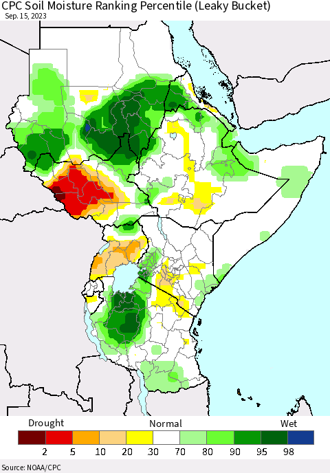 Eastern Africa CPC Soil Moisture Ranking Percentile (Leaky Bucket) Thematic Map For 9/11/2023 - 9/15/2023